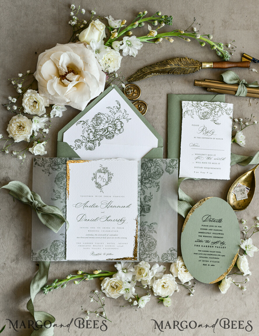 WEDDING INVITATIONS modern calligraphy / fine art Sage green  Fine Art Wedding Invitations with Gold Leaf, Deckled Edges, RSVP  qr code Silk Ribbon Bespoke Elegant Wedding Suite