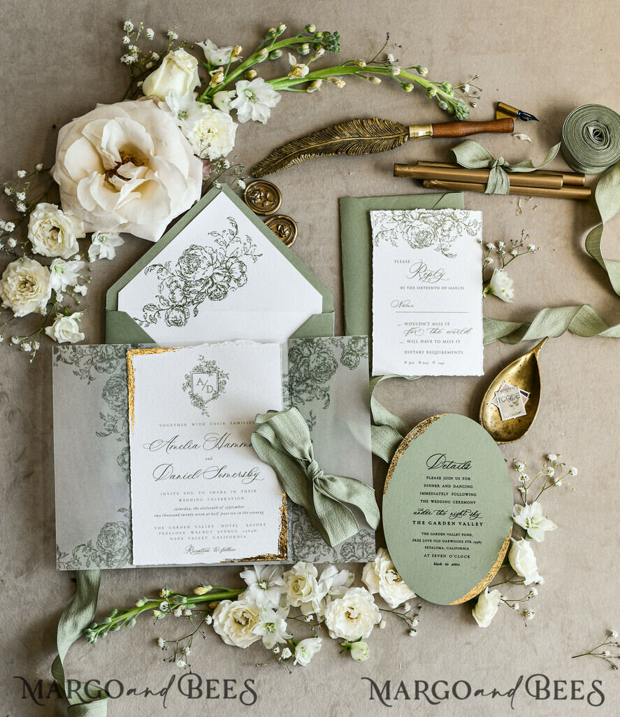 WEDDING INVITATIONS modern calligraphy / fine art Sage green  Fine Art Wedding Invitations with Gold Leaf, Deckled Edges, RSVP  qr code Silk Ribbon Bespoke Elegant Wedding Suite