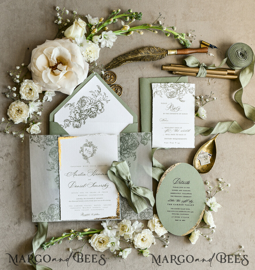 WEDDING INVITATIONS modern calligraphy / fine art Sage green  Fine Art Wedding Invitations with Gold Leaf, Deckled Edges, RSVP  qr code Silk Ribbon Bespoke Elegant Wedding Suite