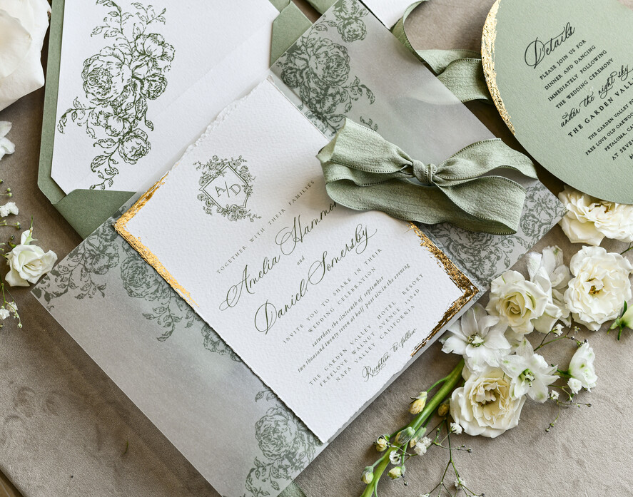 WEDDING INVITATIONS modern calligraphy / fine art Sage green  Fine Art Wedding Invitations with Gold Leaf, Deckled Edges, RSVP  qr code Silk Ribbon Bespoke Elegant Wedding Suite