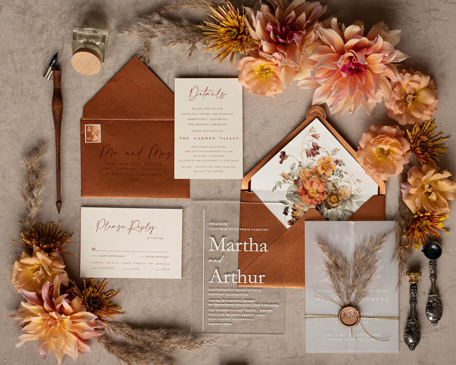 WEDDING INVITATIONS modern calligraphy / fine art Fall Terracotta Acrylic Wedding Invitation set, Real Pampas Grass Floral Wedding Invitations, Copper French Provence Invitation suite, Rust Pampas Grass Boho wedding invitation suite, Modern Fine Art Burnt Orange Wedding Invitation Suite