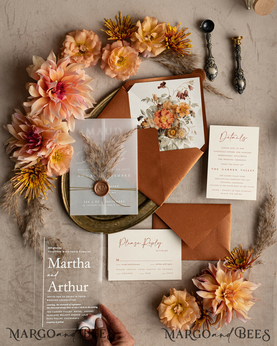 WEDDING INVITATIONS modern calligraphy / fine art Fall Terracotta Acrylic Wedding Invitation set, Real Pampas Grass Floral Wedding Invitations, Copper French Provence Invitation suite, Rust Pampas Grass Boho wedding invitation suite, Modern Fine Art Burnt Orange Wedding Invitation Suite
