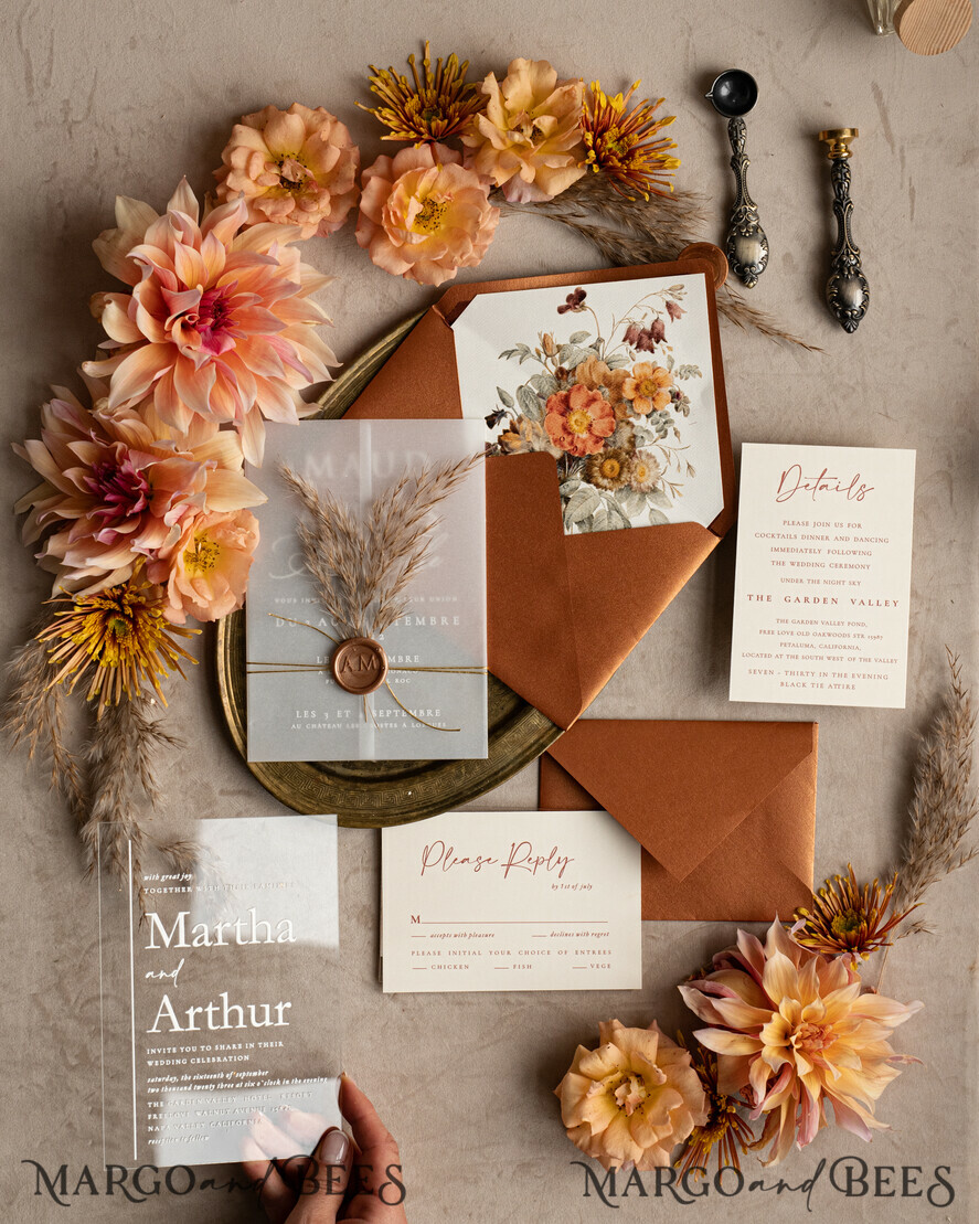 WEDDING INVITATIONS modern calligraphy / fine art Fall Terracotta Acrylic Wedding Invitation set, Real Pampas Grass Floral Wedding Invitations, Copper French Provence Invitation suite, Rust Pampas Grass Boho wedding invitation suite, Modern Fine Art Burnt Orange Wedding Invitation Suite