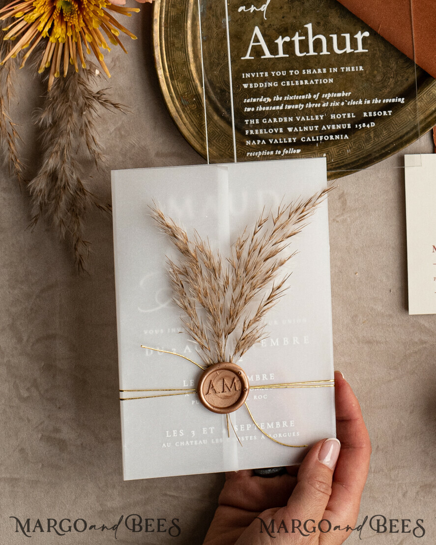 WEDDING INVITATIONS modern calligraphy / fine art Fall Terracotta Acrylic Wedding Invitation set, Real Pampas Grass Floral Wedding Invitations, Copper French Provence Invitation suite, Rust Pampas Grass Boho wedding invitation suite, Modern Fine Art Burnt Orange Wedding Invitation Suite