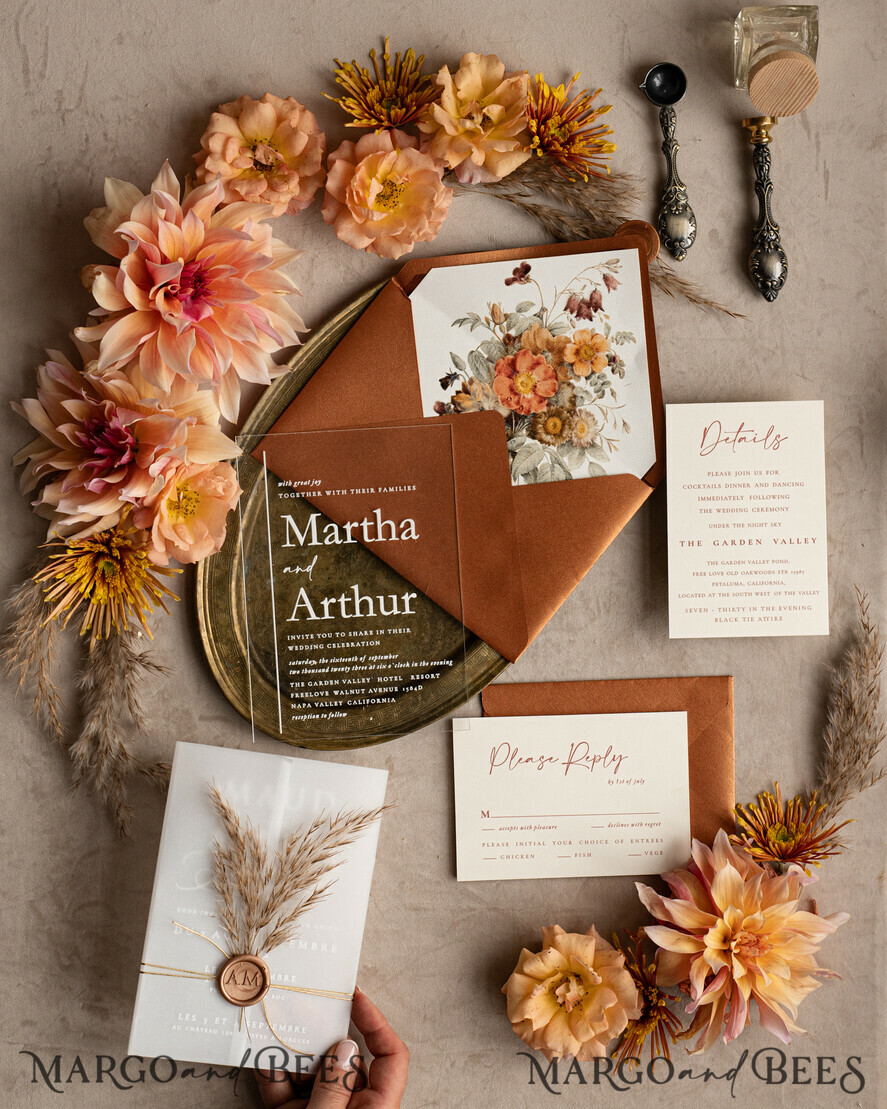 WEDDING INVITATIONS modern calligraphy / fine art Fall Terracotta Acrylic Wedding Invitation set, Real Pampas Grass Floral Wedding Invitations, Copper French Provence Invitation suite, Rust Pampas Grass Boho wedding invitation suite, Modern Fine Art Burnt Orange Wedding Invitation Suite