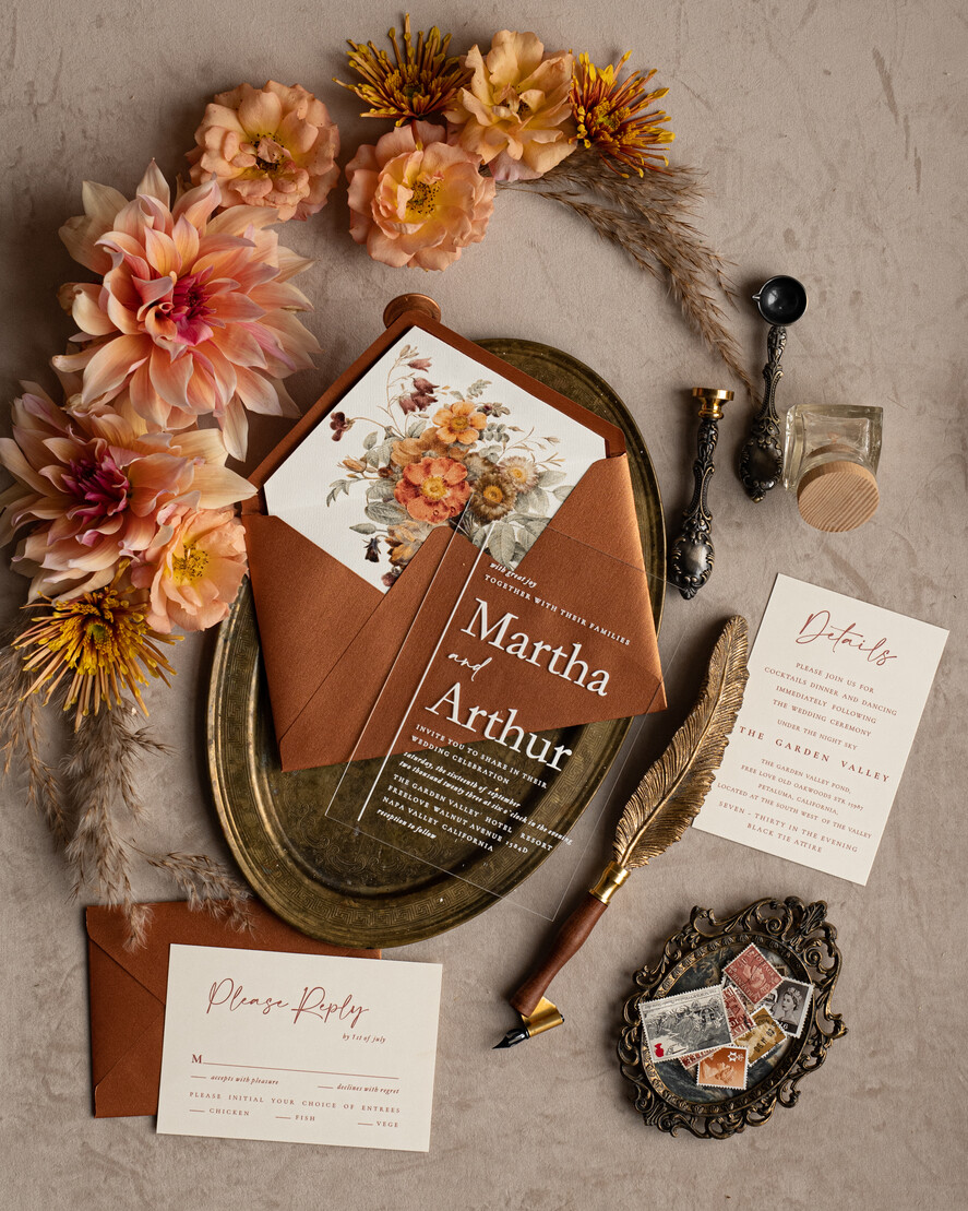 WEDDING INVITATIONS modern calligraphy / fine art Fall Terracotta Acrylic Wedding Invitation set, Real Pampas Grass Floral Wedding Invitations, Copper French Provence Invitation suite, Rust Pampas Grass Boho wedding invitation suite, Modern Fine Art Burnt Orange Wedding Invitation Suite