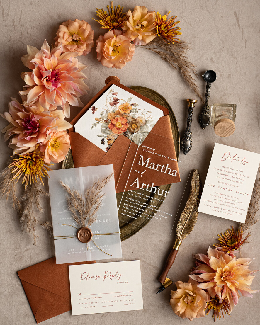 WEDDING INVITATIONS modern calligraphy / fine art Fall Terracotta Acrylic Wedding Invitation set, Real Pampas Grass Floral Wedding Invitations, Copper French Provence Invitation suite, Rust Pampas Grass Boho wedding invitation suite, Modern Fine Art Burnt Orange Wedding Invitation Suite