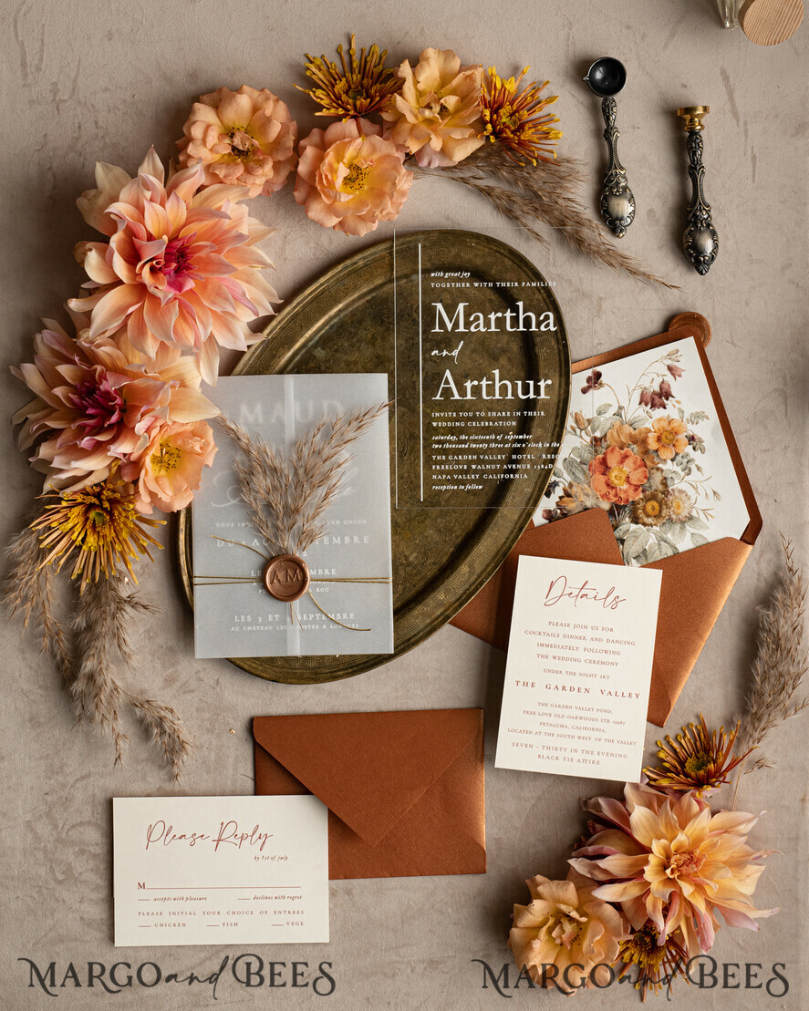 WEDDING INVITATIONS modern calligraphy / fine art Fall Terracotta Acrylic Wedding Invitation set, Real Pampas Grass Floral Wedding Invitations, Copper French Provence Invitation suite, Rust Pampas Grass Boho wedding invitation suite, Modern Fine Art Burnt Orange Wedding Invitation Suite