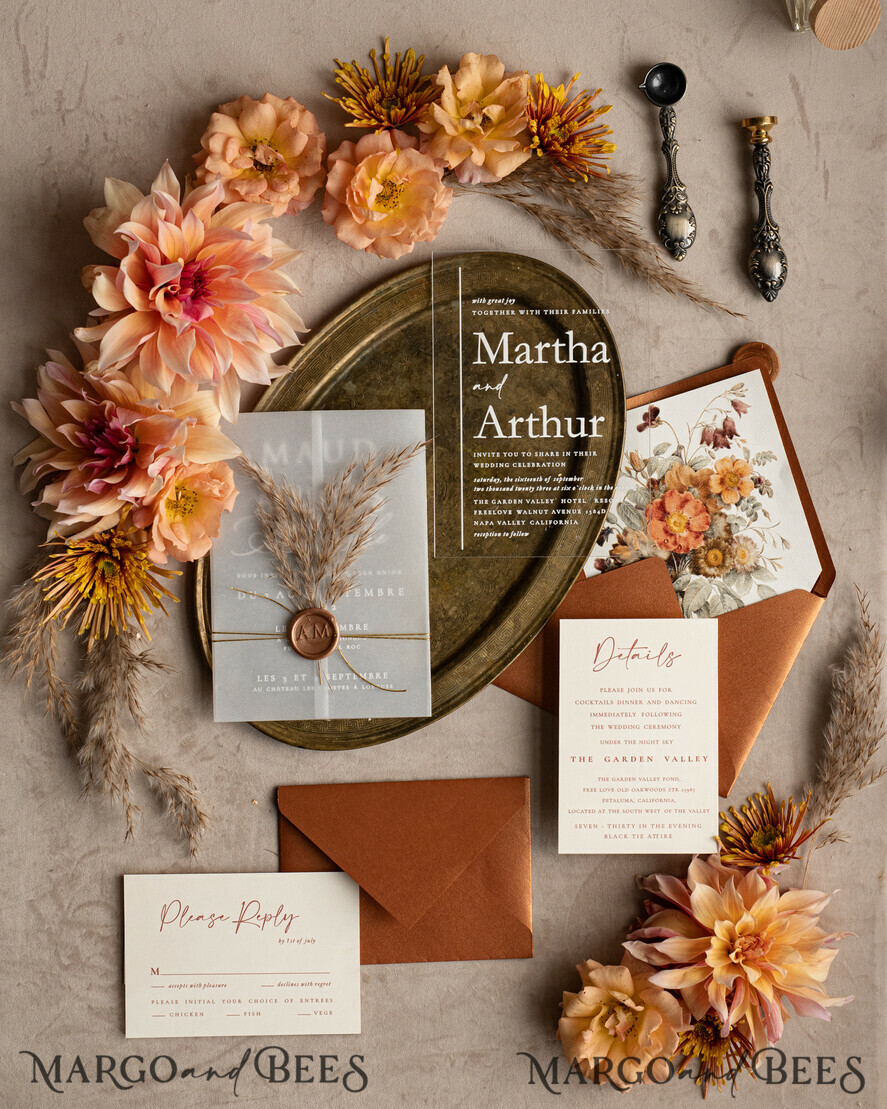 WEDDING INVITATIONS modern calligraphy / fine art Fall Terracotta Acrylic Wedding Invitation set, Real Pampas Grass Floral Wedding Invitations, Copper French Provence Invitation suite, Rust Pampas Grass Boho wedding invitation suite, Modern Fine Art Burnt Orange Wedding Invitation Suite
