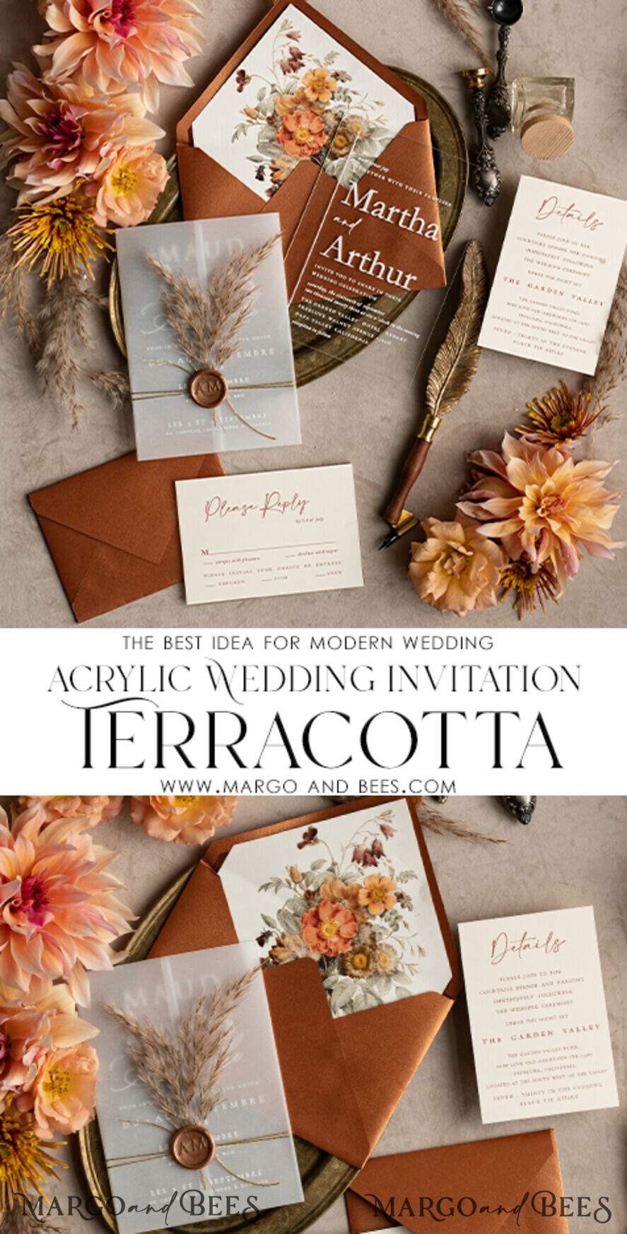 WEDDING INVITATIONS modern calligraphy / fine art Fall Terracotta Acrylic Wedding Invitation set, Real Pampas Grass Floral Wedding Invitations, Copper French Provence Invitation suite, Rust Pampas Grass Boho wedding invitation suite, Modern Fine Art Burnt Orange Wedding Invitation Suite