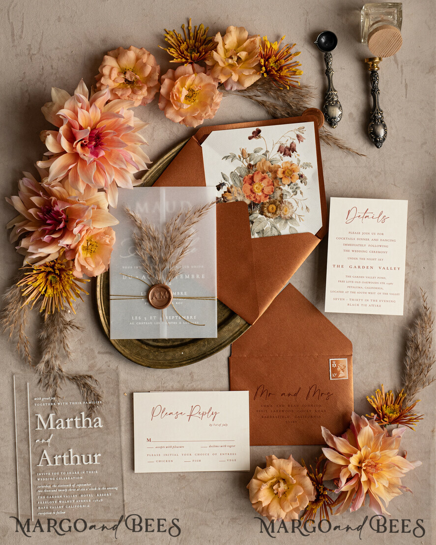 WEDDING INVITATIONS modern calligraphy / fine art Fall Terracotta Acrylic Wedding Invitation set, Real Pampas Grass Floral Wedding Invitations, Copper French Provence Invitation suite, Rust Pampas Grass Boho wedding invitation suite, Modern Fine Art Burnt Orange Wedding Invitation Suite
