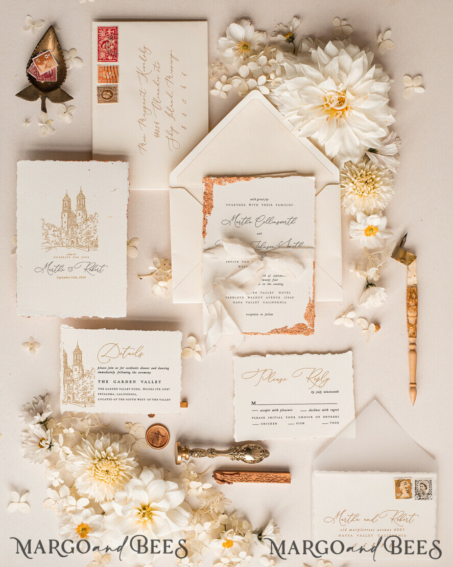 WEDDING INVITATIONS modern calligraphy / fine art Fine Art Ivory Gold Wedding Invitation, Archi Wedding Invitation, Vintage Invitation suite, Custom Wedding Venue invitation suite, Deckled Edge Invites