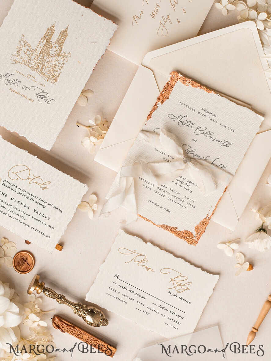 WEDDING INVITATIONS modern calligraphy / fine art Fine Art Ivory Gold Wedding Invitation, Archi Wedding Invitation, Vintage Invitation suite, Custom Wedding Venue invitation suite, Deckled Edge Invites