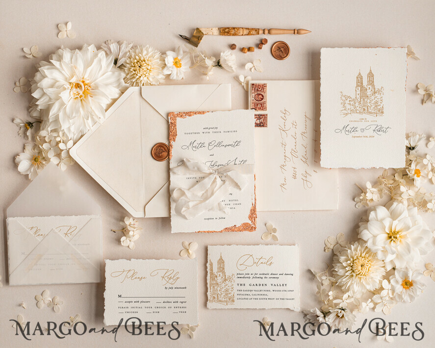 WEDDING INVITATIONS modern calligraphy / fine art Fine Art Ivory Gold Wedding Invitation, Archi Wedding Invitation, Vintage Invitation suite, Custom Wedding Venue invitation suite, Deckled Edge Invites