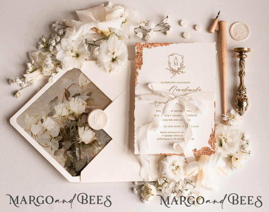 HOCHZEITS EINLADUNGEN moderne Kalligraphie / feine Kunst Feine Kunst Elfenbein Gold Hochzeits Einladung, Florale Hochzeits Einladung, Vintage Einladung Suite, Emblem Initialen Hochzeits Einladung Suite, Deckled Edge Einladungen