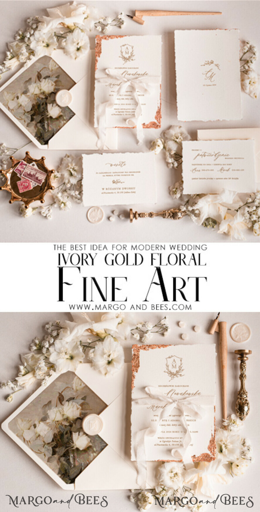 HOCHZEITS EINLADUNGEN moderne Kalligraphie / feine Kunst Feine Kunst Elfenbein Gold Hochzeits Einladung, Florale Hochzeits Einladung, Vintage Einladung Suite, Emblem Initialen Hochzeits Einladung Suite, Deckled Edge Einladungen