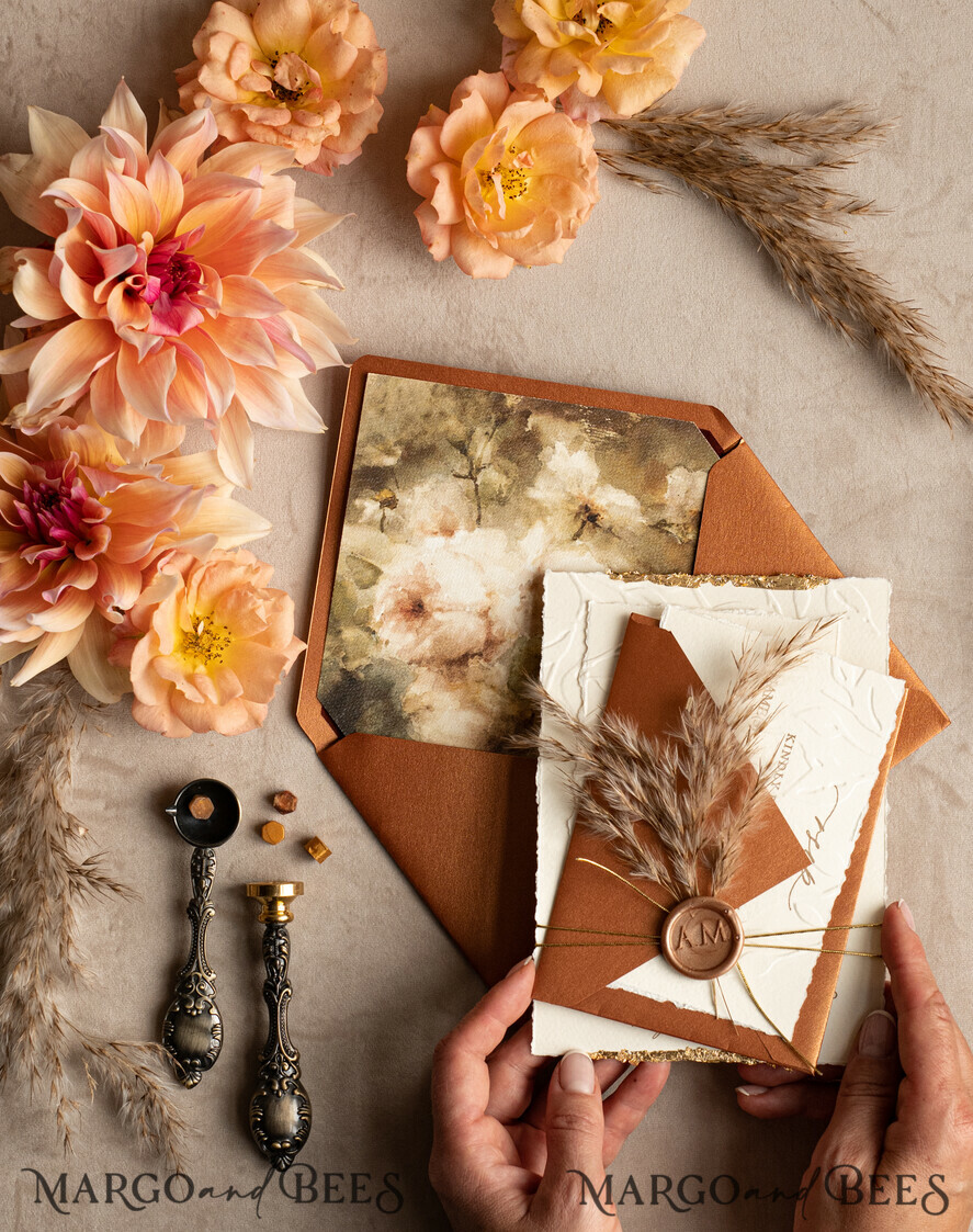 WEDDING INVITATIONS modern calligraphy / fine art Fall Fine Art Embossed Ivory Gold Wedding Invitation, Pampass Grass Floral Wedding Invitation, Boho Burnt Orange Invitation suite,  Wax Seal Monogram wedding invitation suite, Deckled Edge Invites, Torn Edge Wedding Invitations golden,