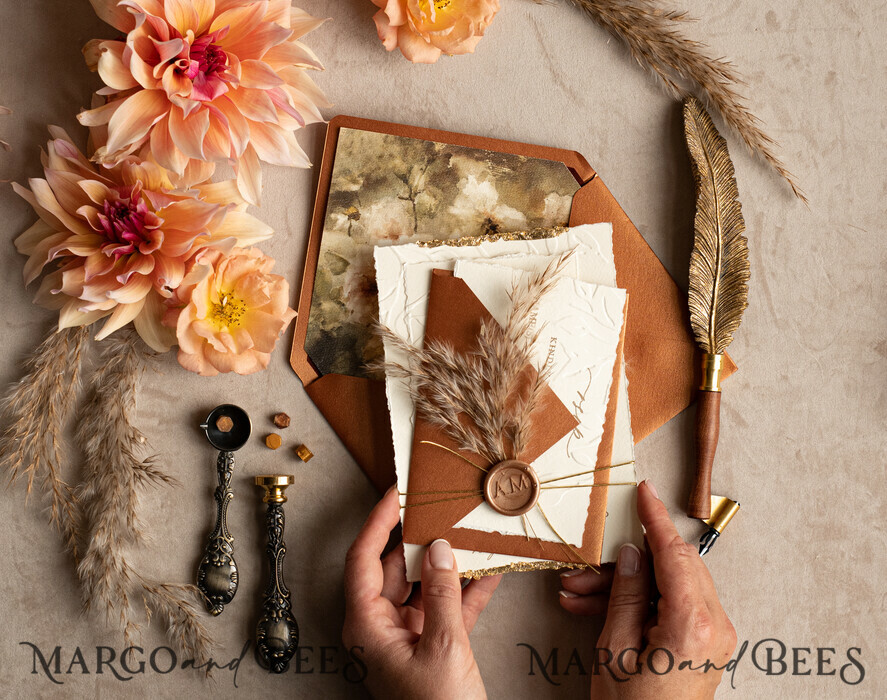 WEDDING INVITATIONS modern calligraphy / fine art Fall Fine Art Embossed Ivory Gold Wedding Invitation, Pampass Grass Floral Wedding Invitation, Boho Burnt Orange Invitation suite,  Wax Seal Monogram wedding invitation suite, Deckled Edge Invites, Torn Edge Wedding Invitations golden,