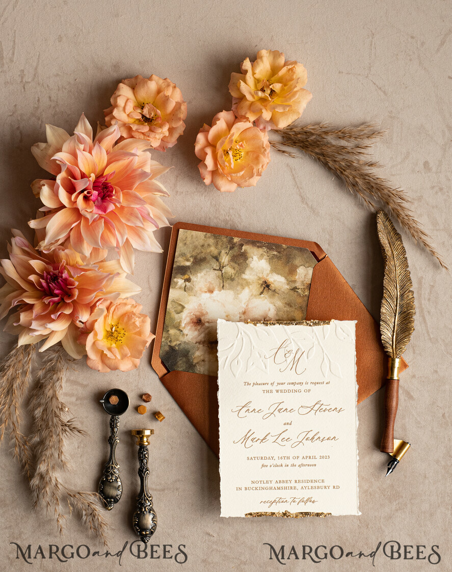 WEDDING INVITATIONS modern calligraphy / fine art Fall Fine Art Embossed Ivory Gold Wedding Invitation, Pampass Grass Floral Wedding Invitation, Boho Burnt Orange Invitation suite,  Wax Seal Monogram wedding invitation suite, Deckled Edge Invites, Torn Edge Wedding Invitations golden,
