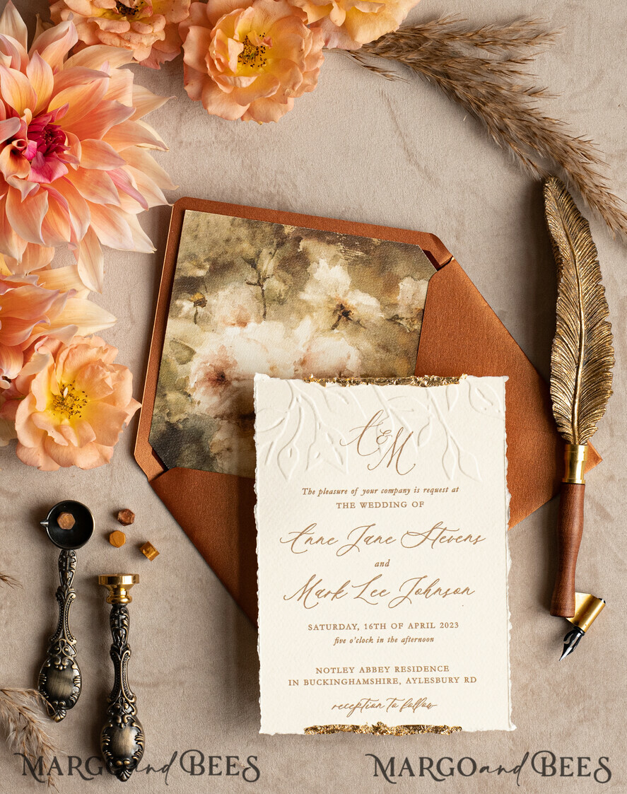 WEDDING INVITATIONS modern calligraphy / fine art Fall Fine Art Embossed Ivory Gold Wedding Invitation, Pampass Grass Floral Wedding Invitation, Boho Burnt Orange Invitation suite,  Wax Seal Monogram wedding invitation suite, Deckled Edge Invites, Torn Edge Wedding Invitations golden,