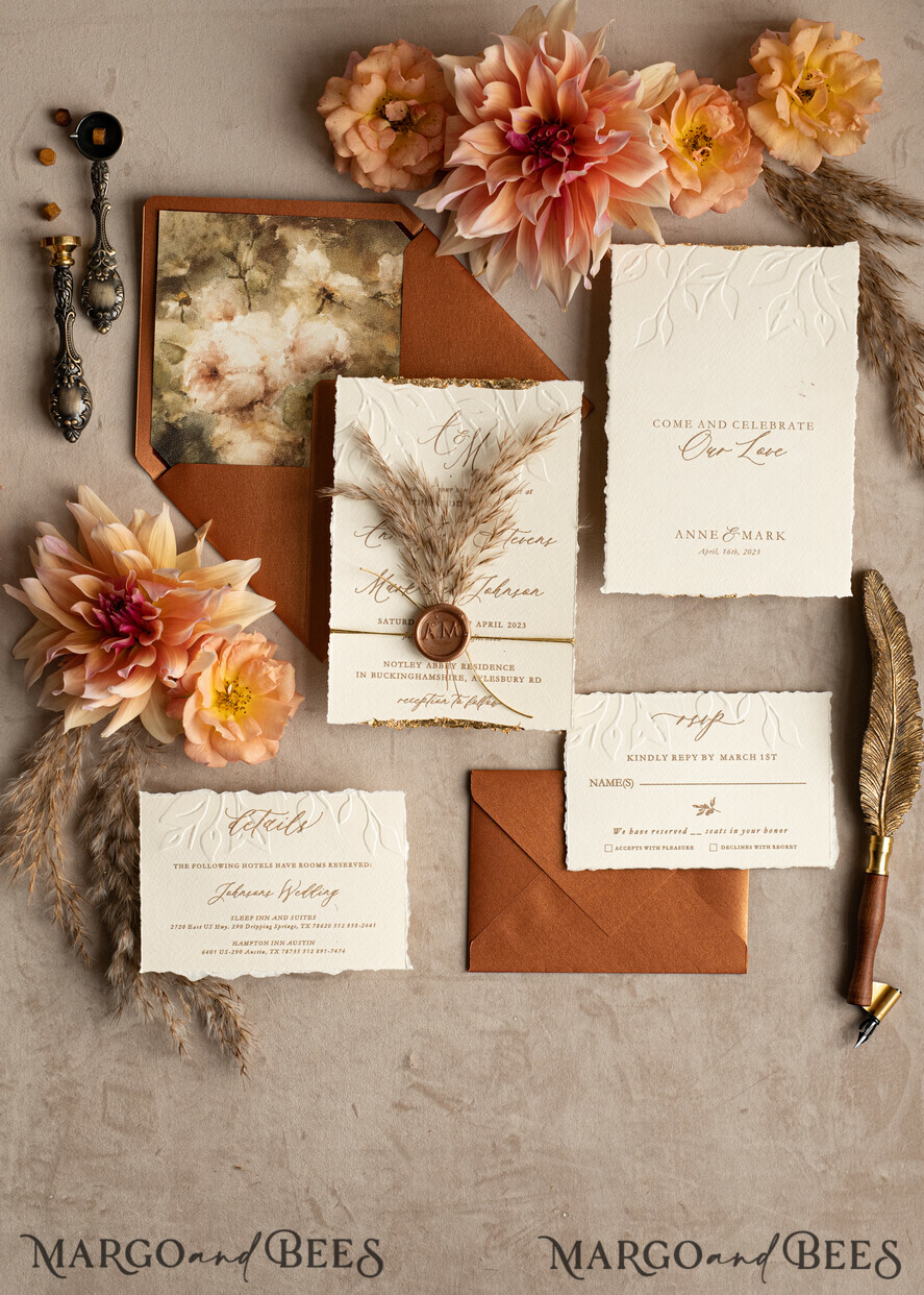 WEDDING INVITATIONS modern calligraphy / fine art Fall Fine Art Embossed Ivory Gold Wedding Invitation, Pampass Grass Floral Wedding Invitation, Boho Burnt Orange Invitation suite,  Wax Seal Monogram wedding invitation suite, Deckled Edge Invites, Torn Edge Wedding Invitations golden,