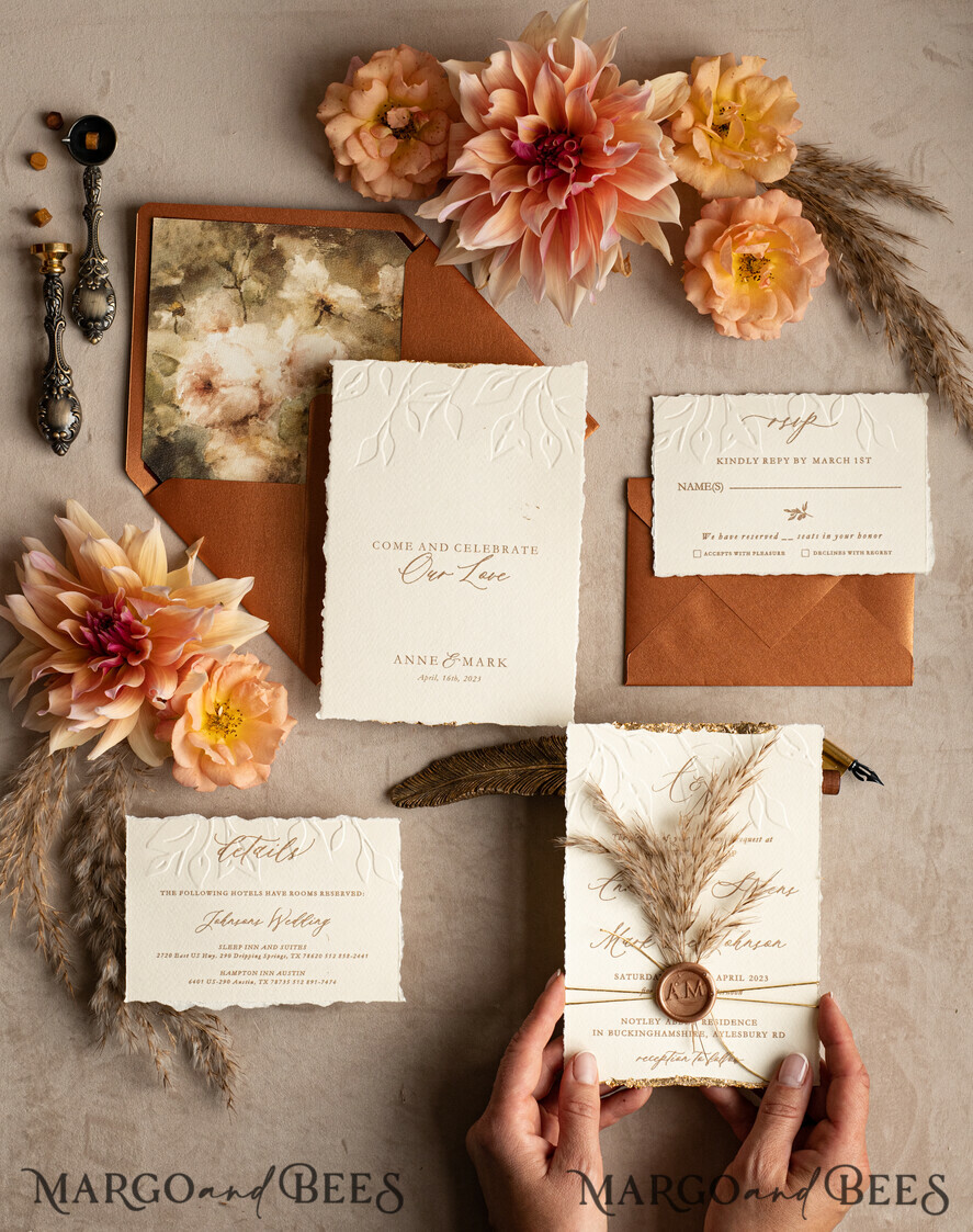 WEDDING INVITATIONS modern calligraphy / fine art Fall Fine Art Embossed Ivory Gold Wedding Invitation, Pampass Grass Floral Wedding Invitation, Boho Burnt Orange Invitation suite,  Wax Seal Monogram wedding invitation suite, Deckled Edge Invites, Torn Edge Wedding Invitations golden,