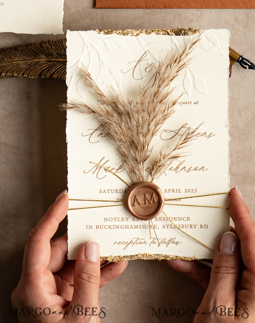WEDDING INVITATIONS modern calligraphy / fine art Fall Fine Art Embossed Ivory Gold Wedding Invitation, Pampass Grass Floral Wedding Invitation, Boho Burnt Orange Invitation suite,  Wax Seal Monogram wedding invitation suite, Deckled Edge Invites, Torn Edge Wedding Invitations golden,
