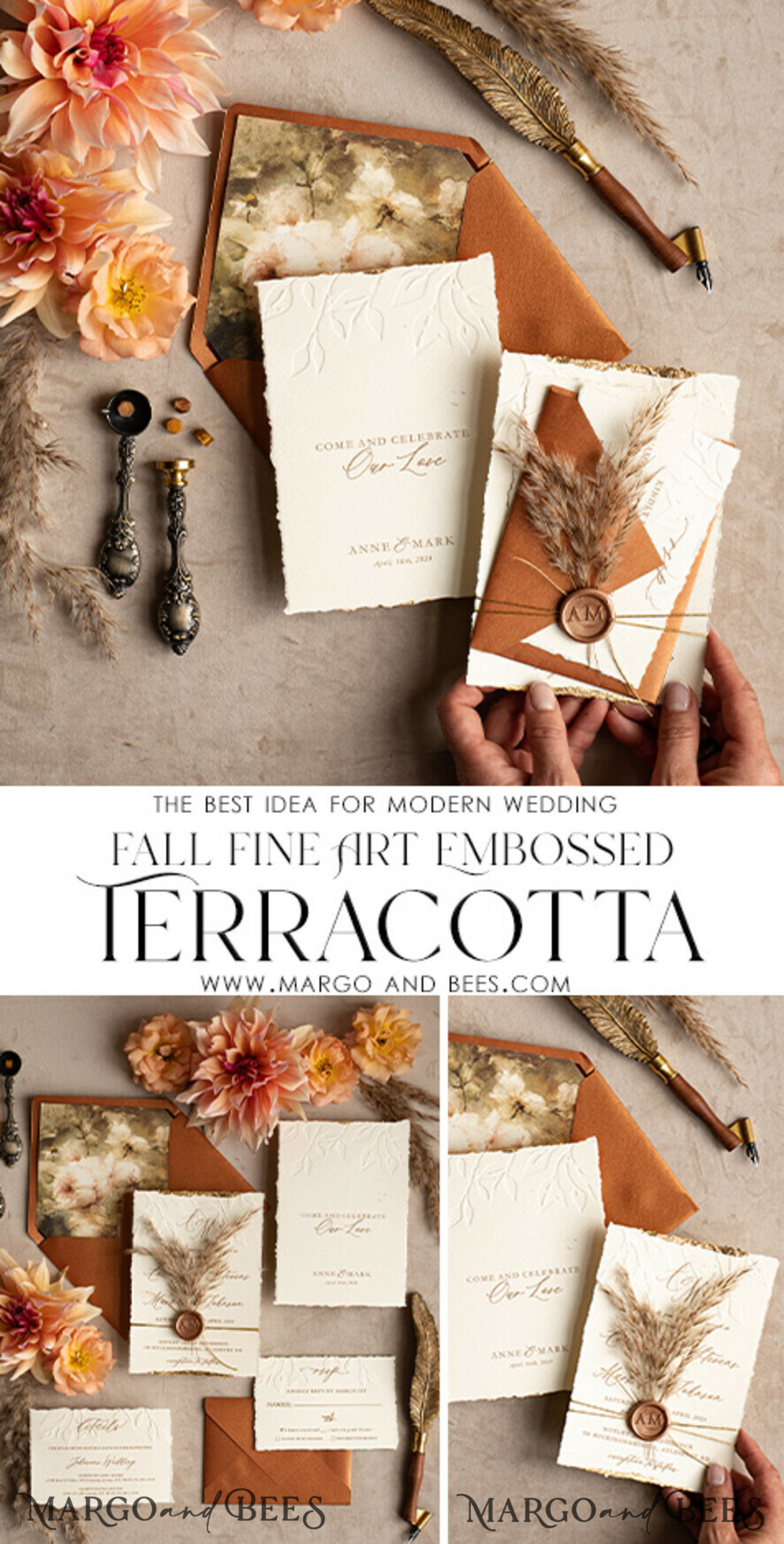 WEDDING INVITATIONS modern calligraphy / fine art Fall Fine Art Embossed Ivory Gold Wedding Invitation, Pampass Grass Floral Wedding Invitation, Boho Burnt Orange Invitation suite,  Wax Seal Monogram wedding invitation suite, Deckled Edge Invites, Torn Edge Wedding Invitations golden,