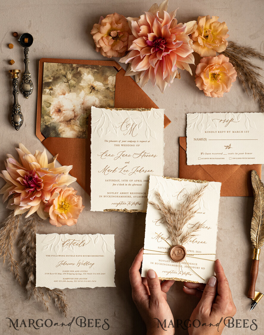 WEDDING INVITATIONS modern calligraphy / fine art Fall Fine Art Embossed Ivory Gold Wedding Invitation, Pampass Grass Floral Wedding Invitation, Boho Burnt Orange Invitation suite,  Wax Seal Monogram wedding invitation suite, Deckled Edge Invites, Torn Edge Wedding Invitations golden,