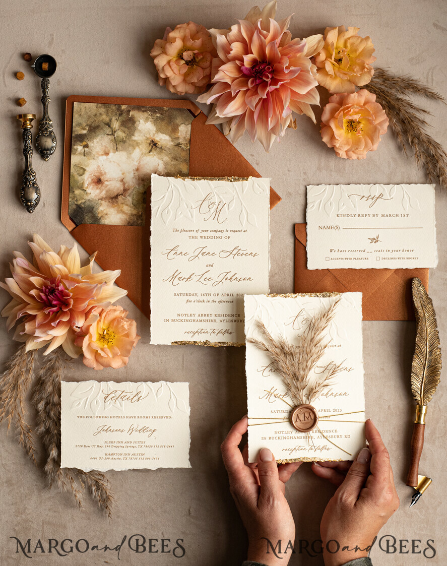 WEDDING INVITATIONS modern calligraphy / fine art Fall Fine Art Embossed Ivory Gold Wedding Invitation, Pampass Grass Floral Wedding Invitation, Boho Burnt Orange Invitation suite,  Wax Seal Monogram wedding invitation suite, Deckled Edge Invites, Torn Edge Wedding Invitations golden,
