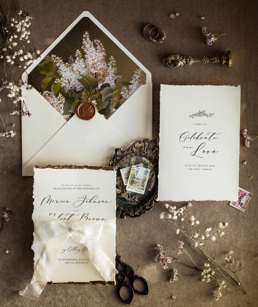 WEDDING INVITATIONS modern calligraphy / fine art Ivory Gold Wedding Invitation, Floral Wedding Invitation, Tuscany Italian Invitation suite, Wreath Monogram wedding invitation suite, Deckled Edge Invites, Torn Edge Wedding Invitations golden, Fine Art Wedding Invitation Suite, Deckled Edge Paper