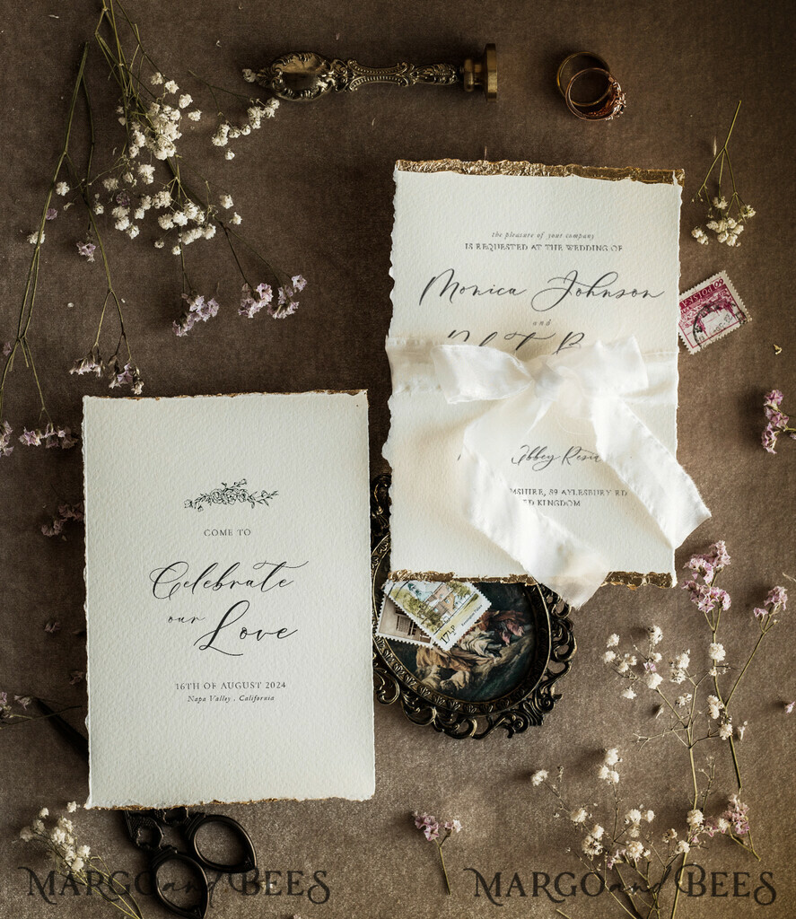 WEDDING INVITATIONS modern calligraphy / fine art Ivory Gold Wedding Invitation, Floral Wedding Invitation, Tuscany Italian Invitation suite, Wreath Monogram wedding invitation suite, Deckled Edge Invites, Torn Edge Wedding Invitations golden, Fine Art Wedding Invitation Suite, Deckled Edge Paper