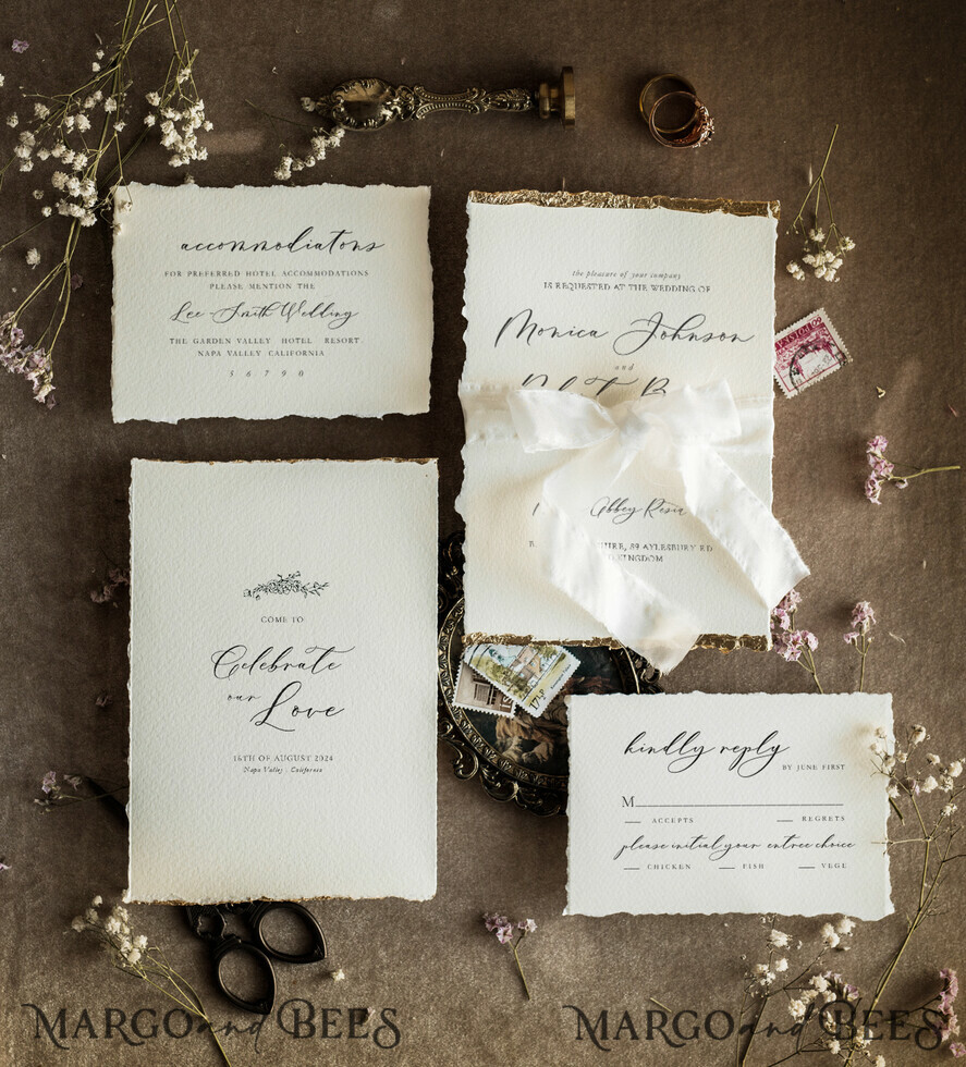 WEDDING INVITATIONS modern calligraphy / fine art Ivory Gold Wedding Invitation, Floral Wedding Invitation, Tuscany Italian Invitation suite, Wreath Monogram wedding invitation suite, Deckled Edge Invites, Torn Edge Wedding Invitations golden, Fine Art Wedding Invitation Suite, Deckled Edge Paper