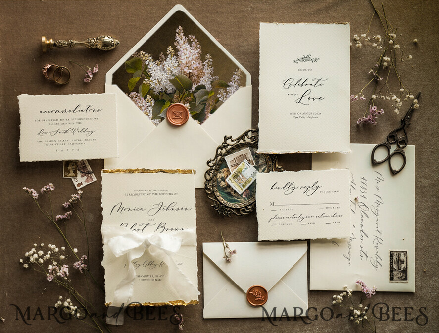 WEDDING INVITATIONS modern calligraphy / fine art Ivory Gold Wedding Invitation, Floral Wedding Invitation, Tuscany Italian Invitation suite, Wreath Monogram wedding invitation suite, Deckled Edge Invites, Torn Edge Wedding Invitations golden, Fine Art Wedding Invitation Suite, Deckled Edge Paper