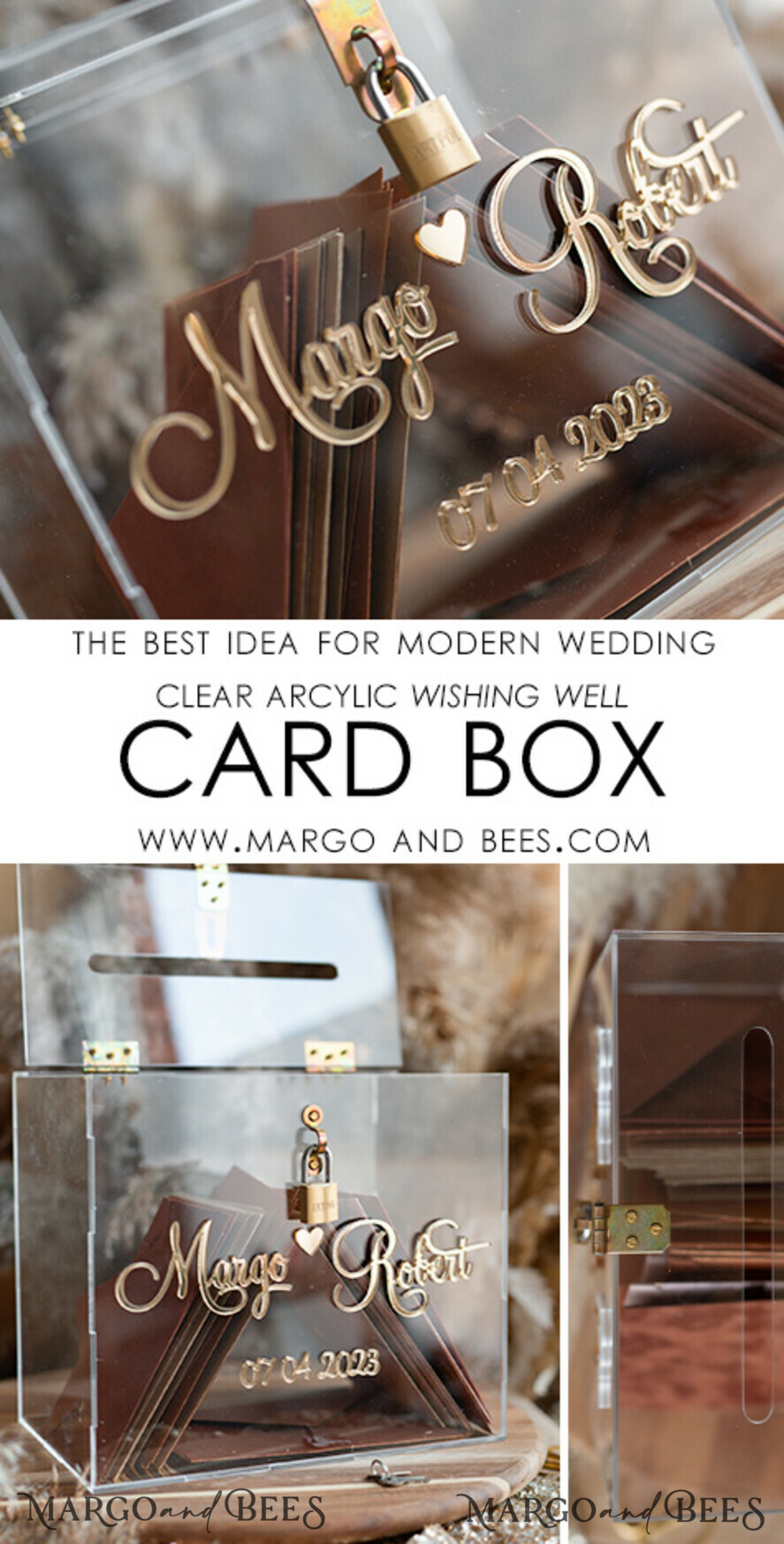 Elegant Clear wedding wishing well acrylic card box with Lock, Personalized  Wedding Card Box, Card Box with heart and branch , Wedding Card Box with