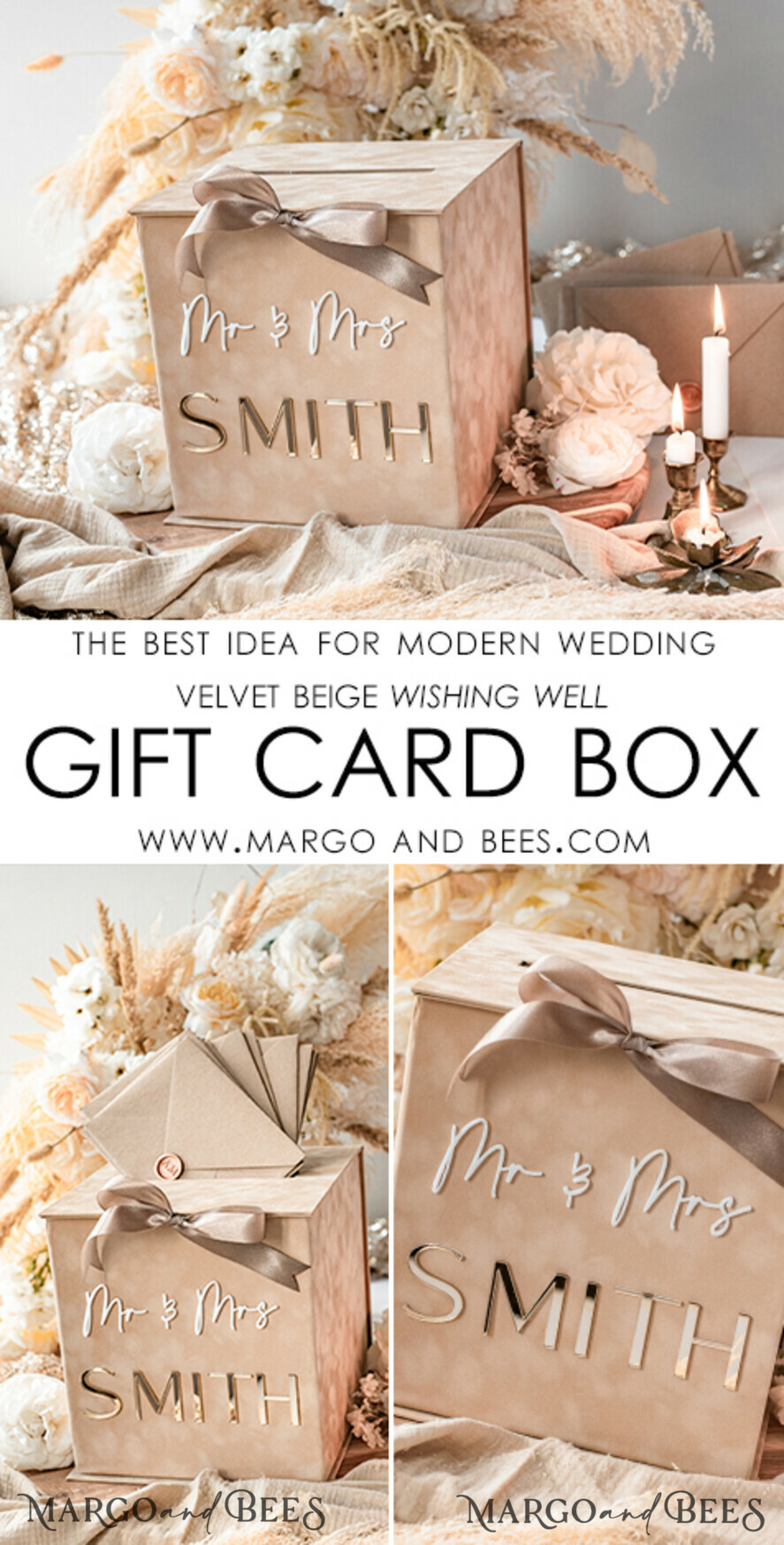 Gift Card Box, Velvet Beige wedding wishing well money gift card box,  Personalized Wedding Card Box, Luxury Card Box, Wedding Card Box with Lid
