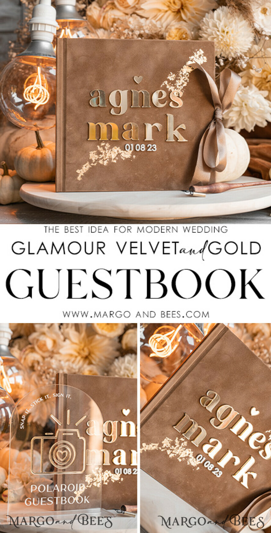 Nude Boho Instax velvet Wedding GuestBook Gold, Beige Instant Wedding Guest  Book, Polaroid velvet Guestbook Taupe Golden wedding