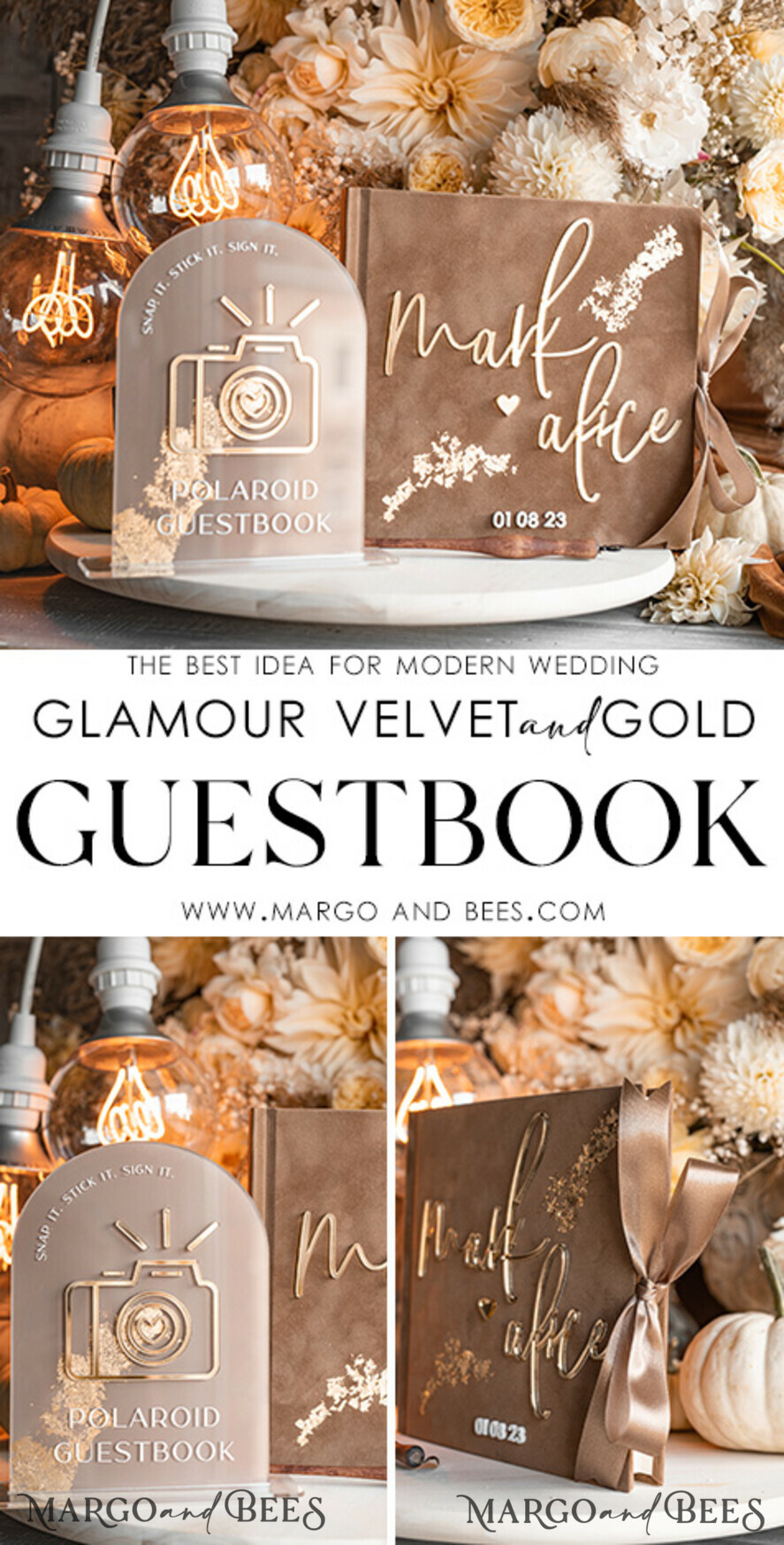 beige Gold Presonalised Wedding Guest Book and arch acrylic Instax Sign,  Velvet Memory Photo Booh Book and Clear Sign Set Fall Wedding, Polaroid  velvet Guest book & Plexi Instax Sign set