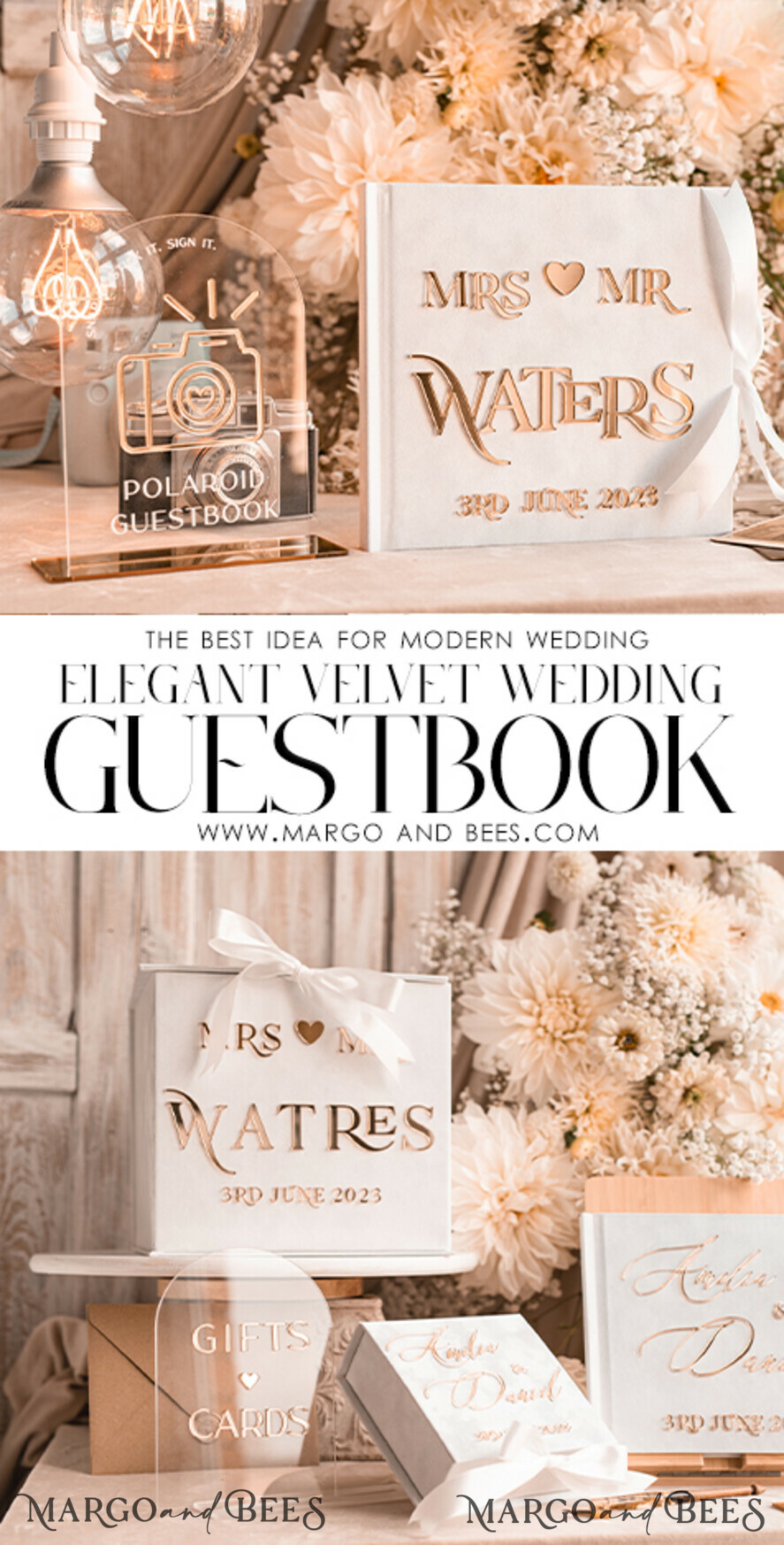 Crystal Heart Ribbon Wedding Guestbook and Pen Set- Custom Colors