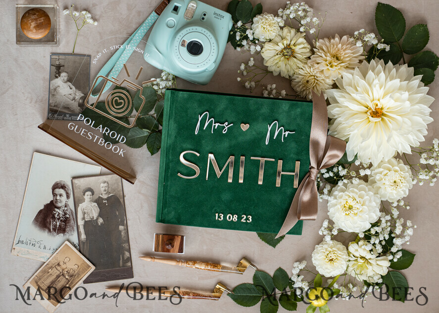 Emerald Green Gold Acrylic Wedding Guest Book Personalised and sign set,  Velvet Garden Greenery Inst
