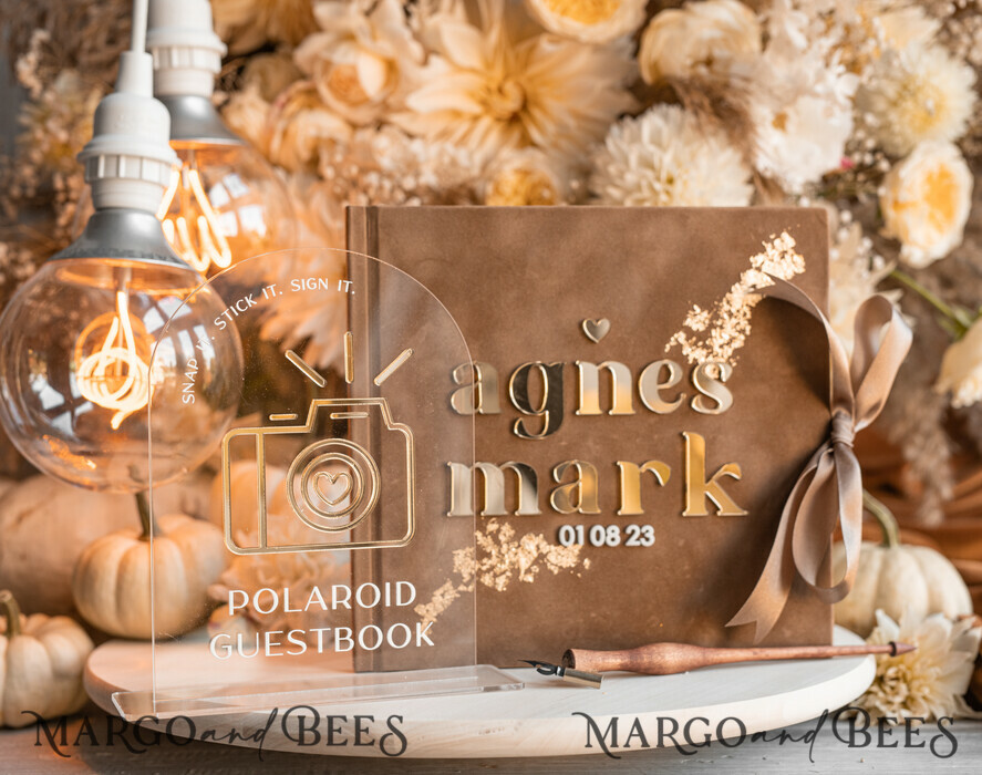 terracotta Gold Presonalised Wedding Guest Book and arch acrylic Instax  Sign, Velvet Memory Photo Booh Book and Clear Sign Set Fall Wedding,  Polaroid velvet Guest book & Plexi Instax Sign set