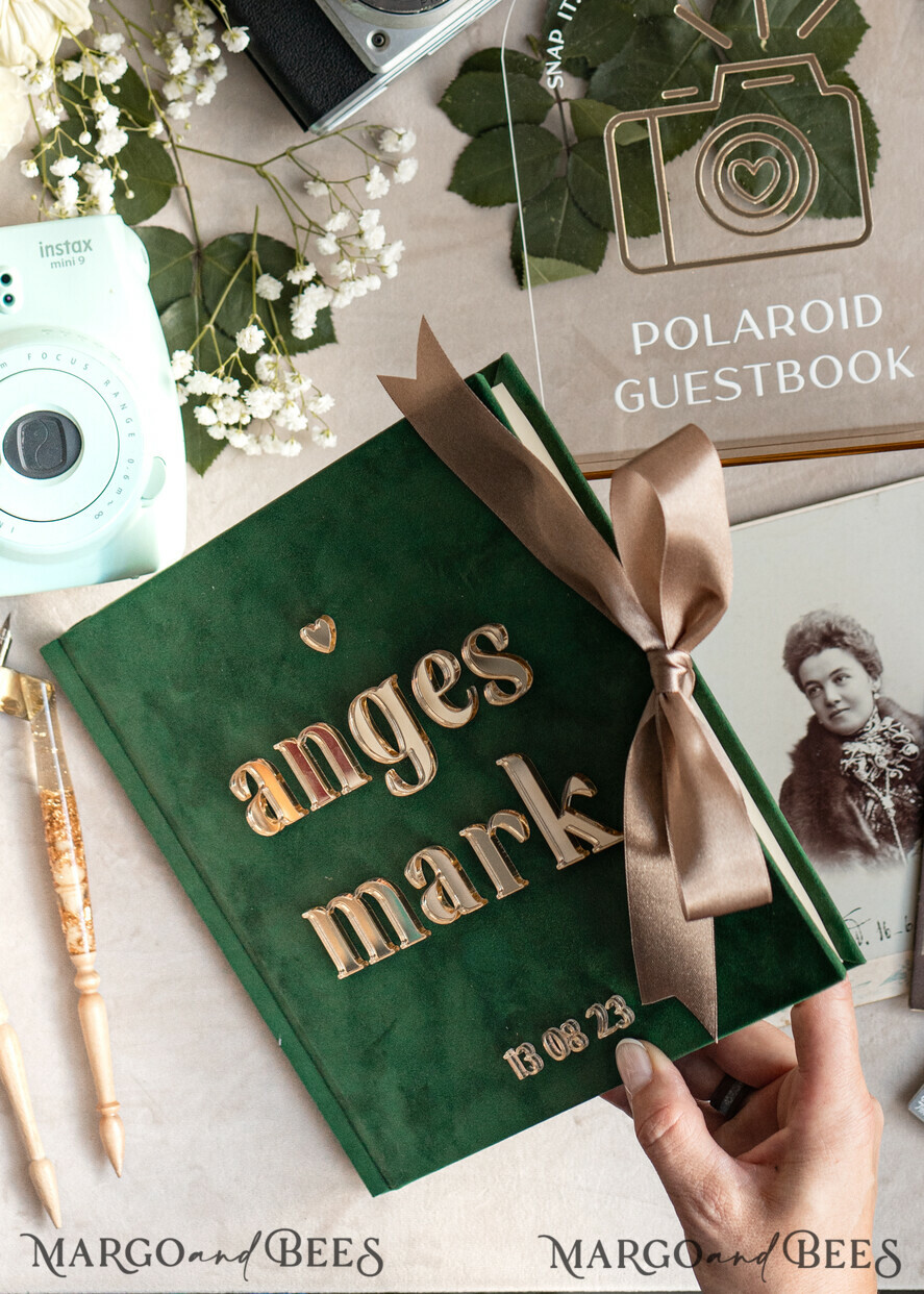 Emerald Green Gold Acrylic Wedding Guest Book Personalised and sign set,  Velvet Garden Greenery Instant Photo Book Boho Elegant Instax Wedding Photo  Guestbook