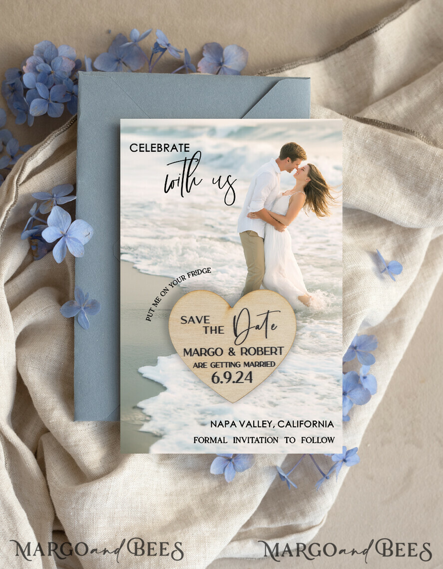 DATEN MERKEN Fotomagnete Personalisierter Foto-Reise-Save-the-Date-Herz-Holzmagnet und Karte, Hochzeitsfoto-Save-the-Dates rustikale Magnete, Foto-Save-the-Date-Karten