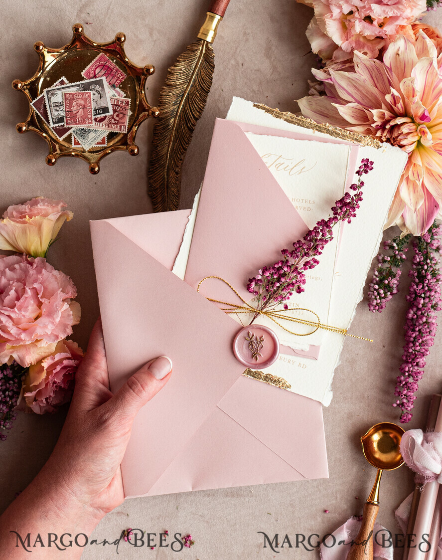 Calligraphy Ribbon Wedding Invitations in Dusty Rose