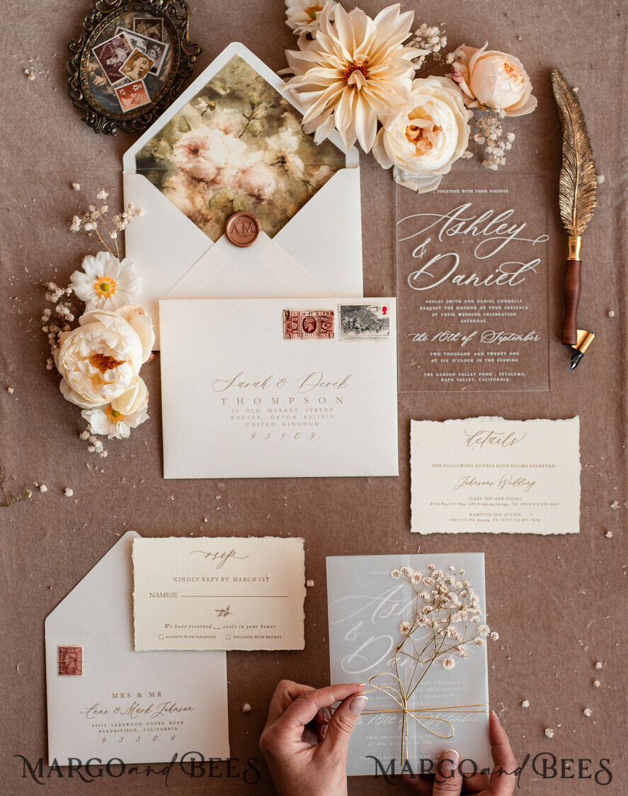 Burnt Floral Clear Acrylic Wedding Invitation Sample