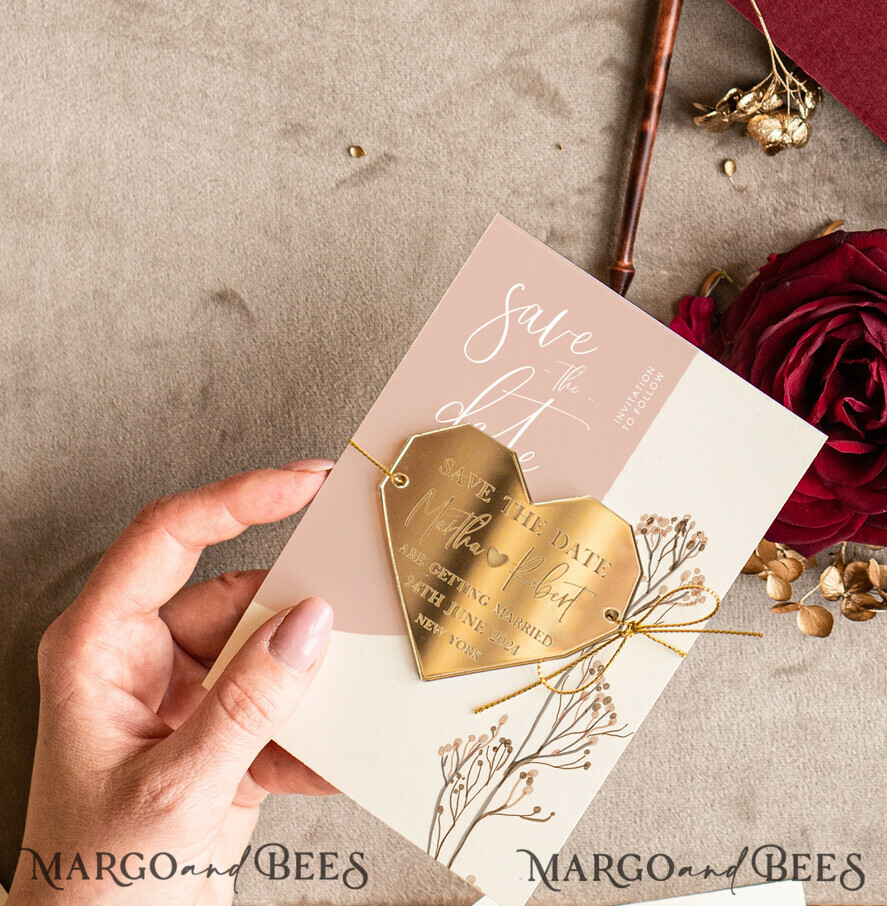 Personalised Save the Date Heart Magnet and Card, Arch Elegant Wedding Save  The Dates Acrylic golden Heart