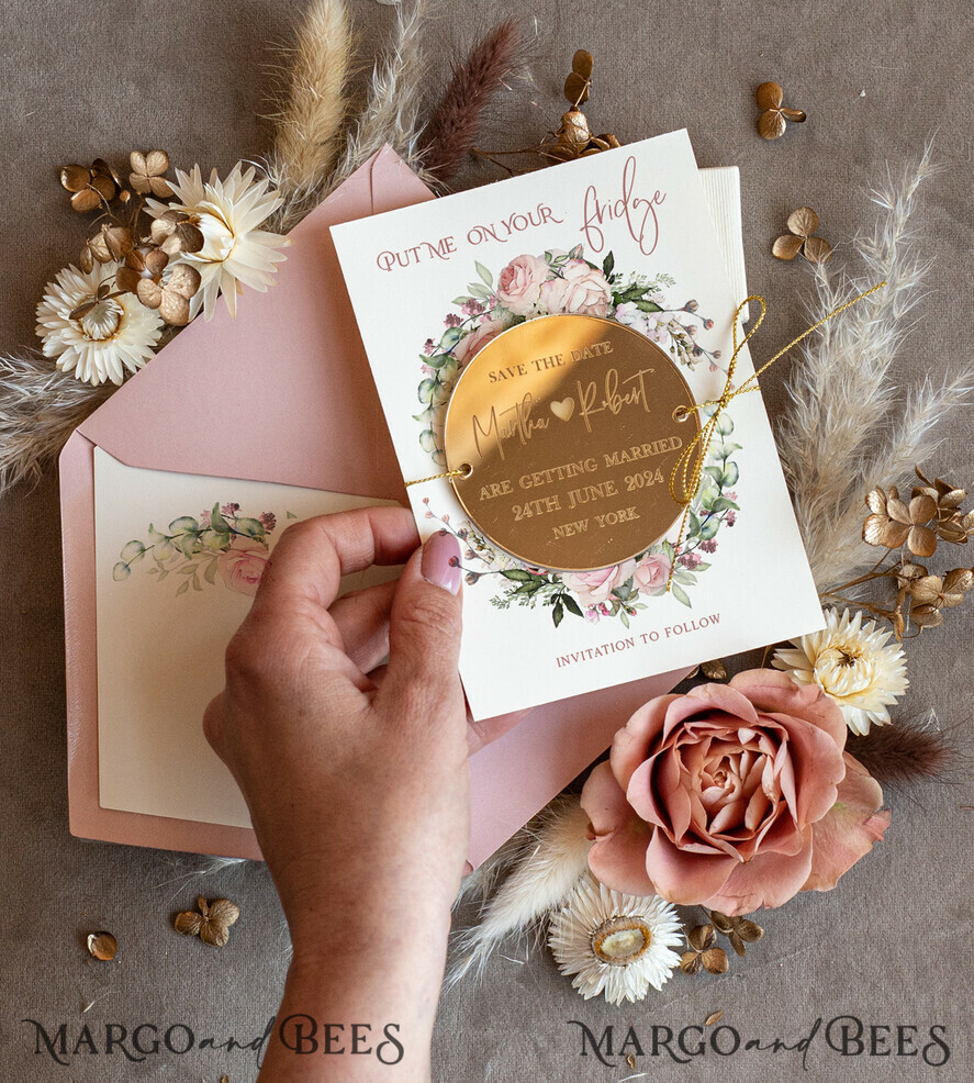 Personalised Gold Acrylic Save the Date Magnet and Card, Gold Blush Pink  Wedding Save The Dates Plexi Magnets, Wedding Boho Save The Date Cards