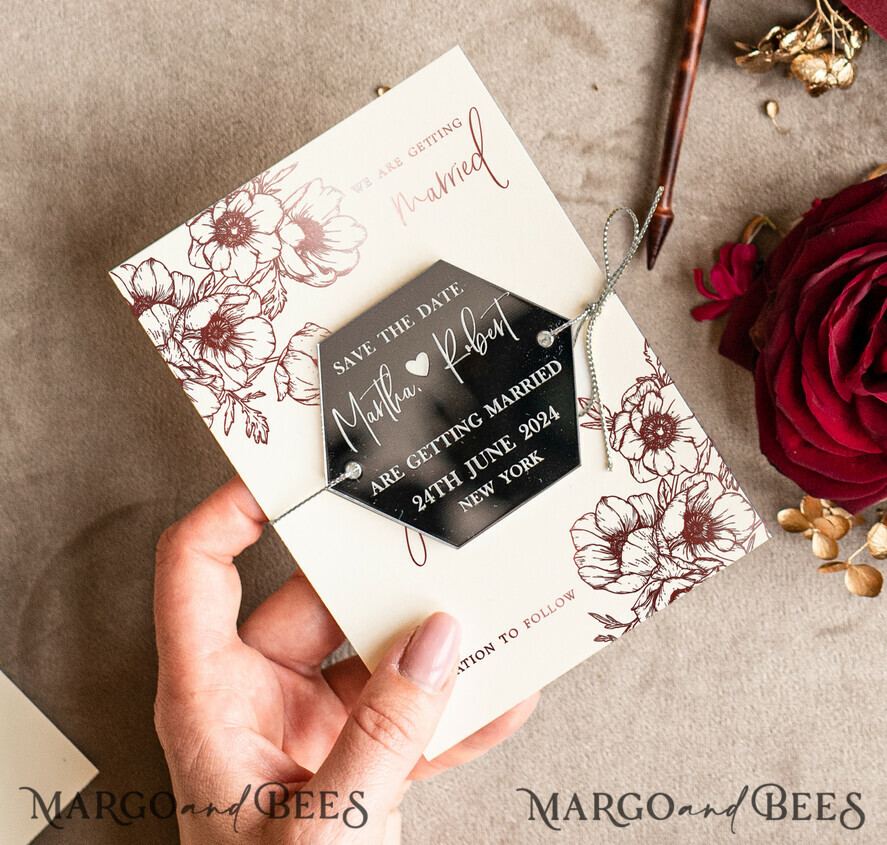 Burgundy Wedding Save the Date Cards, Lace Wedding Save The Dates