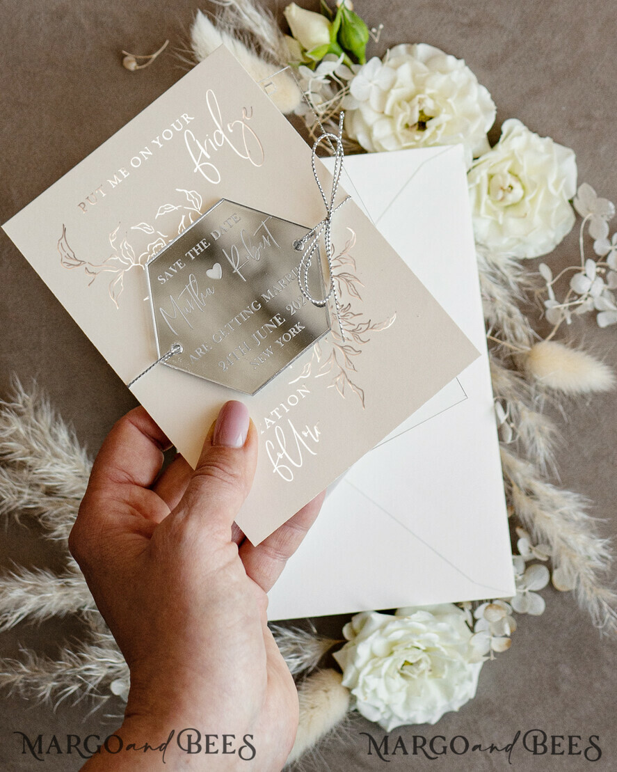 Silver Magnet Hexagon in Mirror Plexi Save the Date with Card and