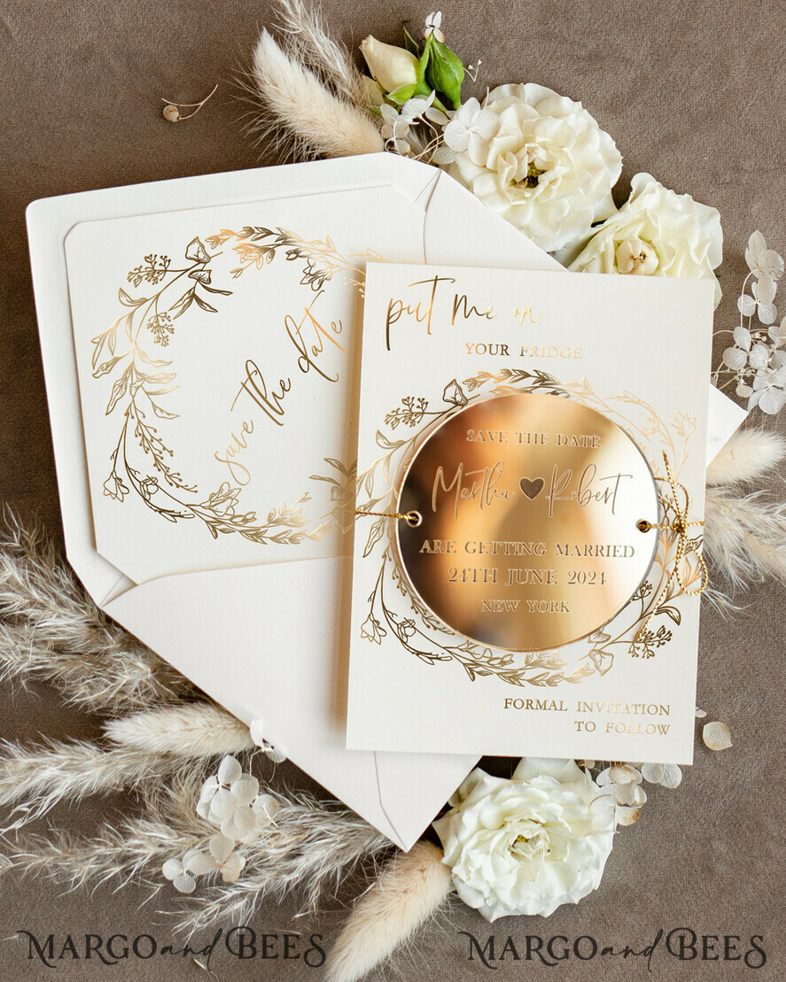 Personalised Gold Acrylic circle Save the Date Magnet and Card